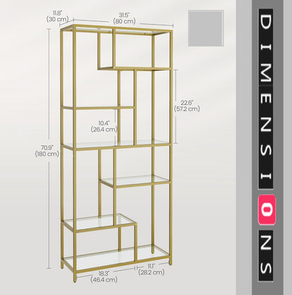 6-Tier Glass Bookshelf – Tall Display Bookcase & Plant Stand, Tempered Glass Shelves,