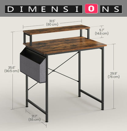 Industrial Style Computer Desk with Monitor Riser, Fabric Pouch, Adjustable Legs, 55 x 80 x 90.5 cm