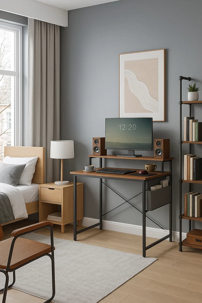 Industrial style computer desk with monitor riser and fabric pouch, rustic brown and black finish

