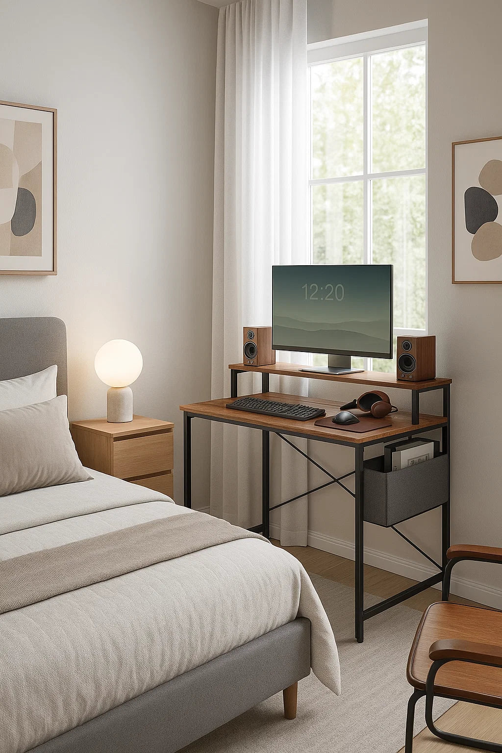 Industrial Style Computer Desk with Monitor Riser, Fabric Pouch, Adjustable Legs, 55 x 80 x 90.5 cm