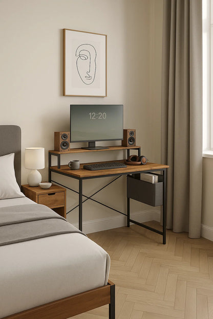 Industrial Style Computer Desk with Monitor Riser, Fabric Pouch, Adjustable Legs, 55 x 80 x 90.5 cm