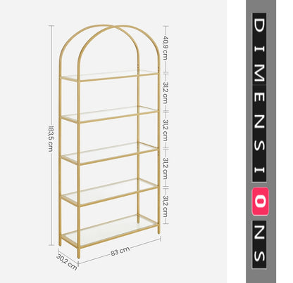 5 Tier Glass Shelf Arched Display Storage Unit with Steel Frame for Home Decor Use