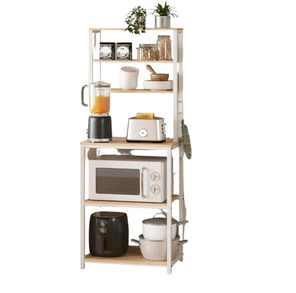 White Kitchen Storage Rack with 6 Shelves & 6 Hooks, Adjustable Middle Shelf