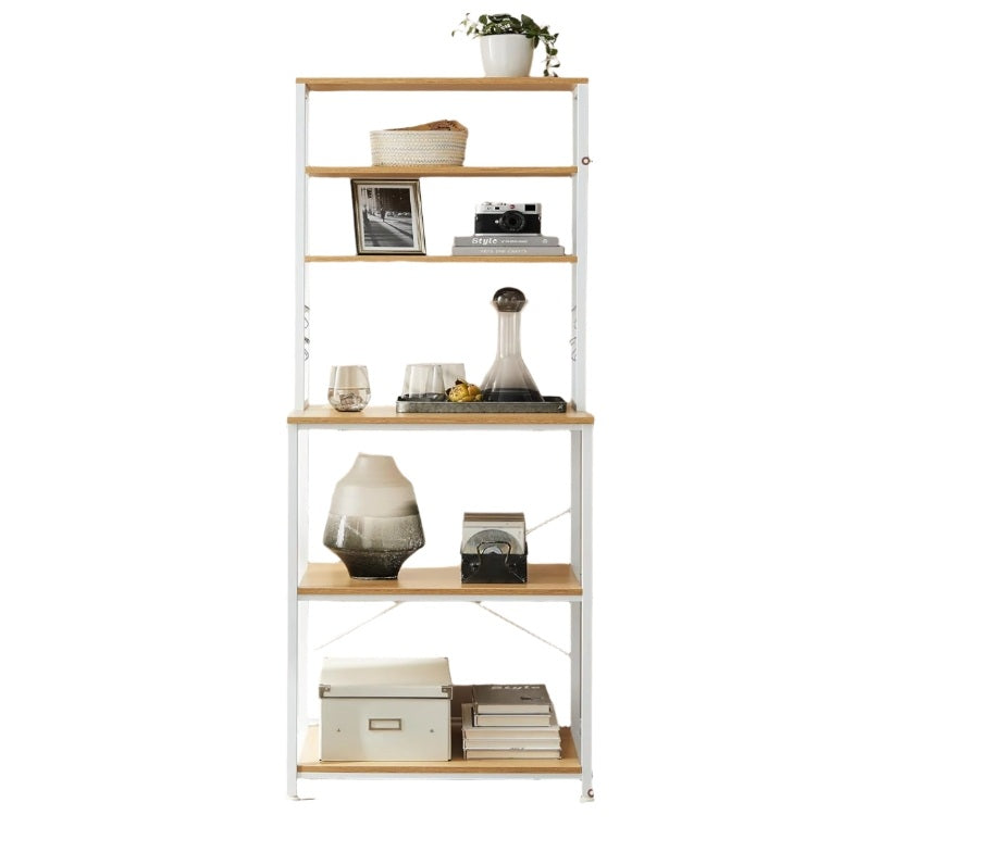 White Kitchen Storage Rack with 6 Shelves & 6 Hooks, Adjustable Middle Shelf