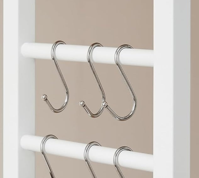 White Kitchen Storage Rack with 6 Shelves & 6 Hooks, Adjustable Middle Shelf