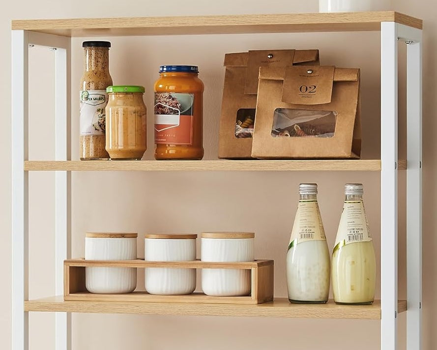 White Kitchen Storage Rack with 6 Shelves & 6 Hooks, Adjustable Middle Shelf