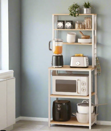 White Kitchen Storage Rack with 6 Shelves & 6 Hooks, Adjustable Middle Shelf