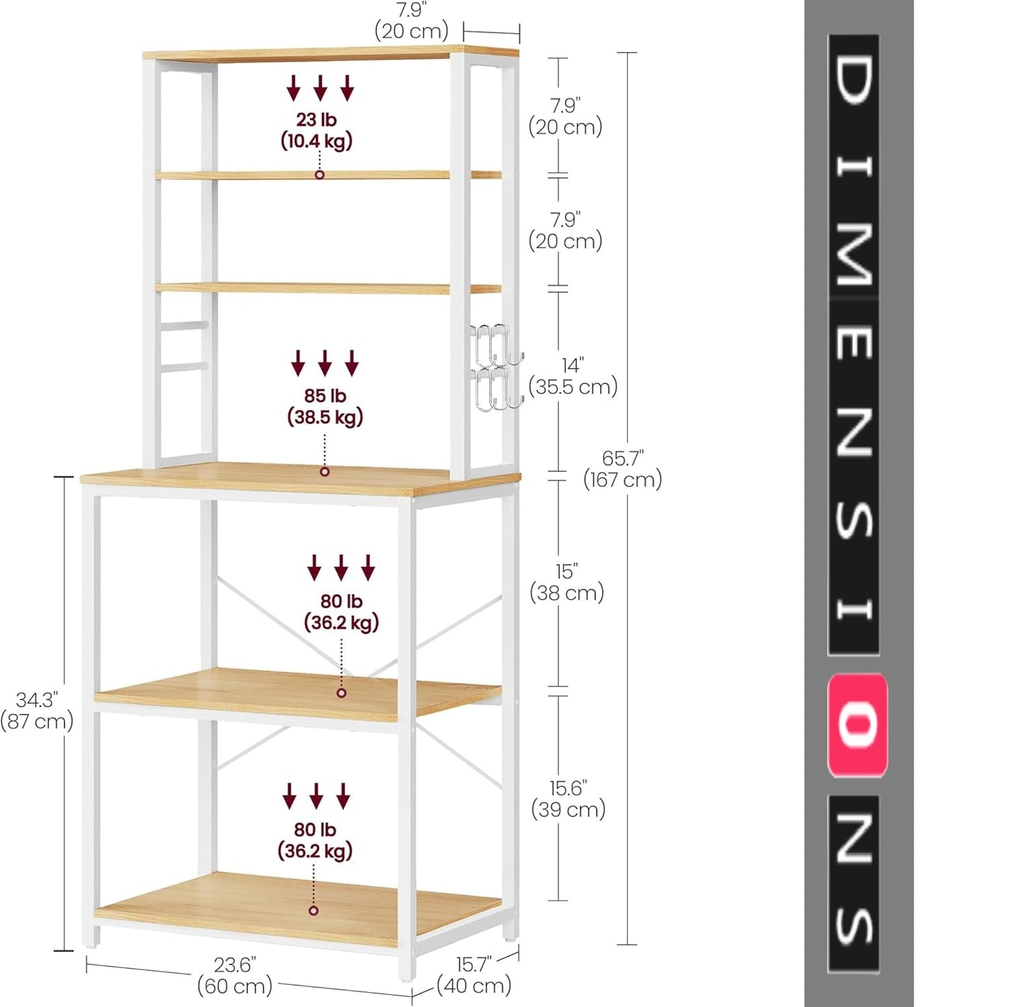 White Kitchen Storage Rack with 6 Shelves & 6 Hooks, Adjustable Middle Shelf