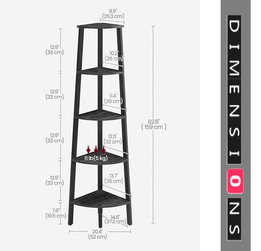 5-Tier Corner Shelf Unit, Industrial Ladder Shelf for Living Room, Bedroom 159 cm - Black