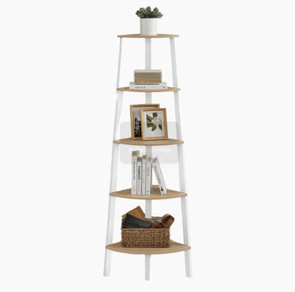 5-Tier Corner Shelf Unit, Oak & White Ladder Shelf for Living Room or Bedroom