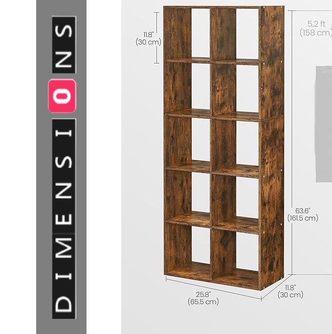 10-Cube Bookcase, Rustic Brown Storage Unit, Industrial Bookshelf for Living Room, Bedroom,