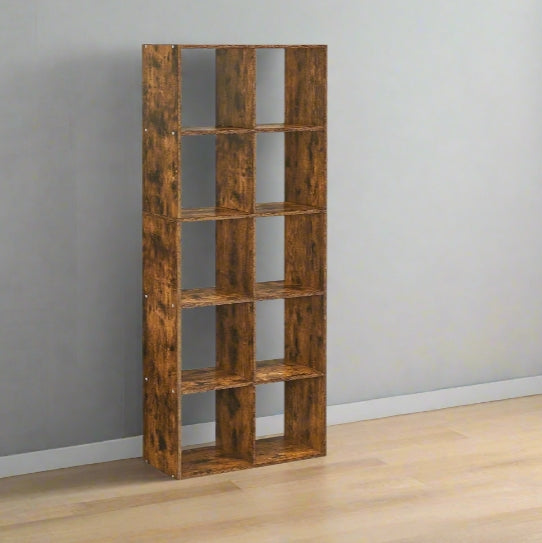 10-Cube Bookcase, Rustic Brown Storage Unit, Industrial Bookshelf for Living Room, Bedroom,