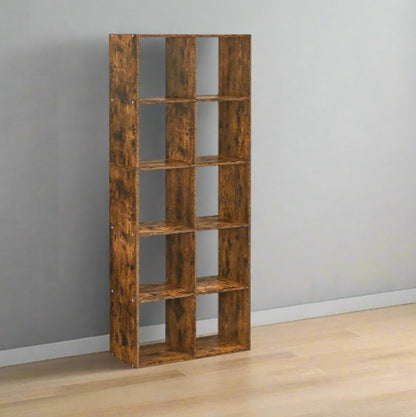 10-Cube Bookcase, Rustic Brown Storage Unit, Industrial Bookshelf for Living Room, Bedroom,