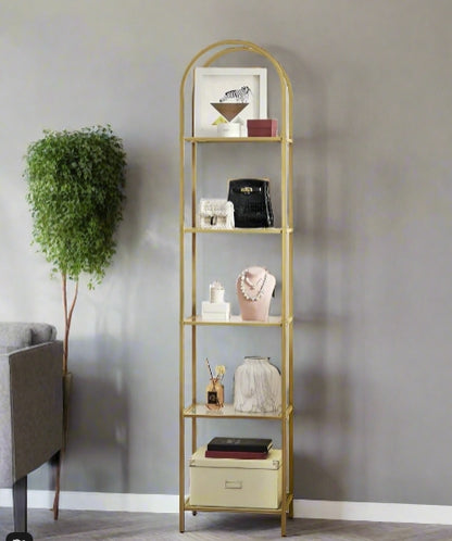 5-Tier Tempered Glass Shelf Unit, Arched Display Rack, Metallic Gold Frame 183.5 cm