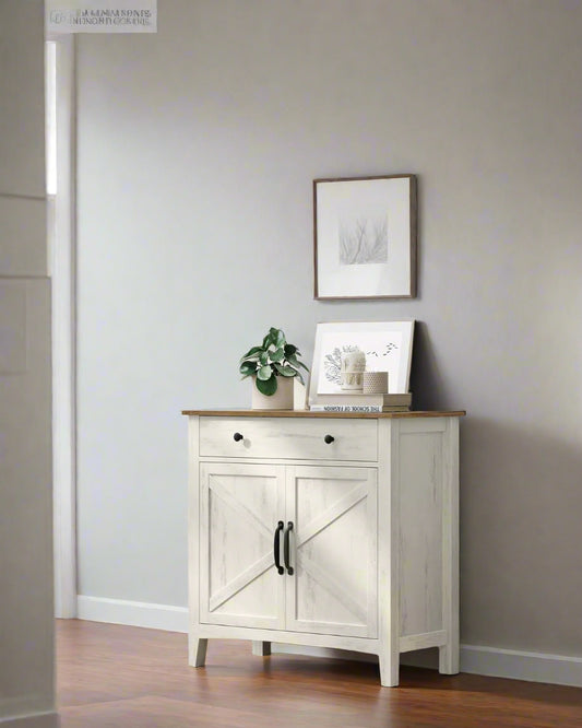 Rustic farmhouse sideboard in white and honey brown with drawer and barn doors in a living room


