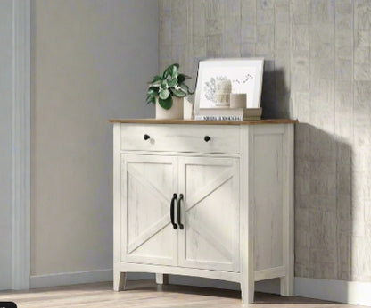 Rustic farmhouse sideboard in white and honey brown with drawer and barn doors in a living room

