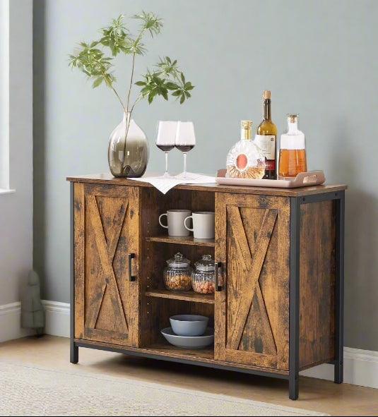 Rustic brown and black industrial sideboard with barn doors, shelves, and metal frame in dining room setting

