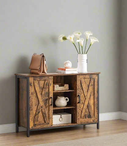 Industrial Sideboard Buffet Table with Barn Doors & Adjustable Shelves – Rustic Brown & Black