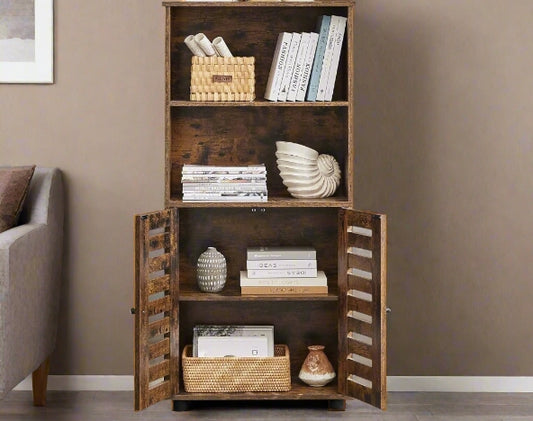 Rustic brown floor standing cabinet with louvered doors and adjustable shelf

