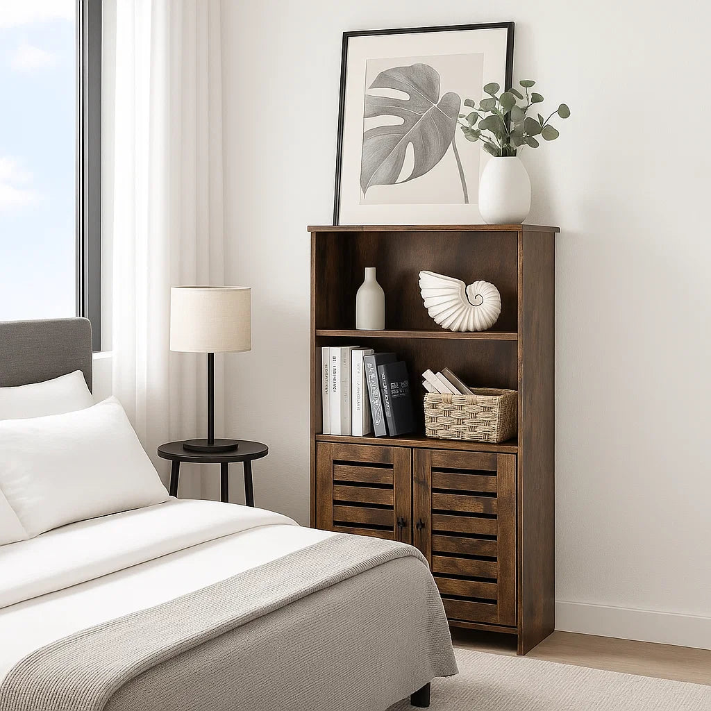 Rustic Brown Floor Standing Cabinet with Louvered Doors & Adjustable Shelf