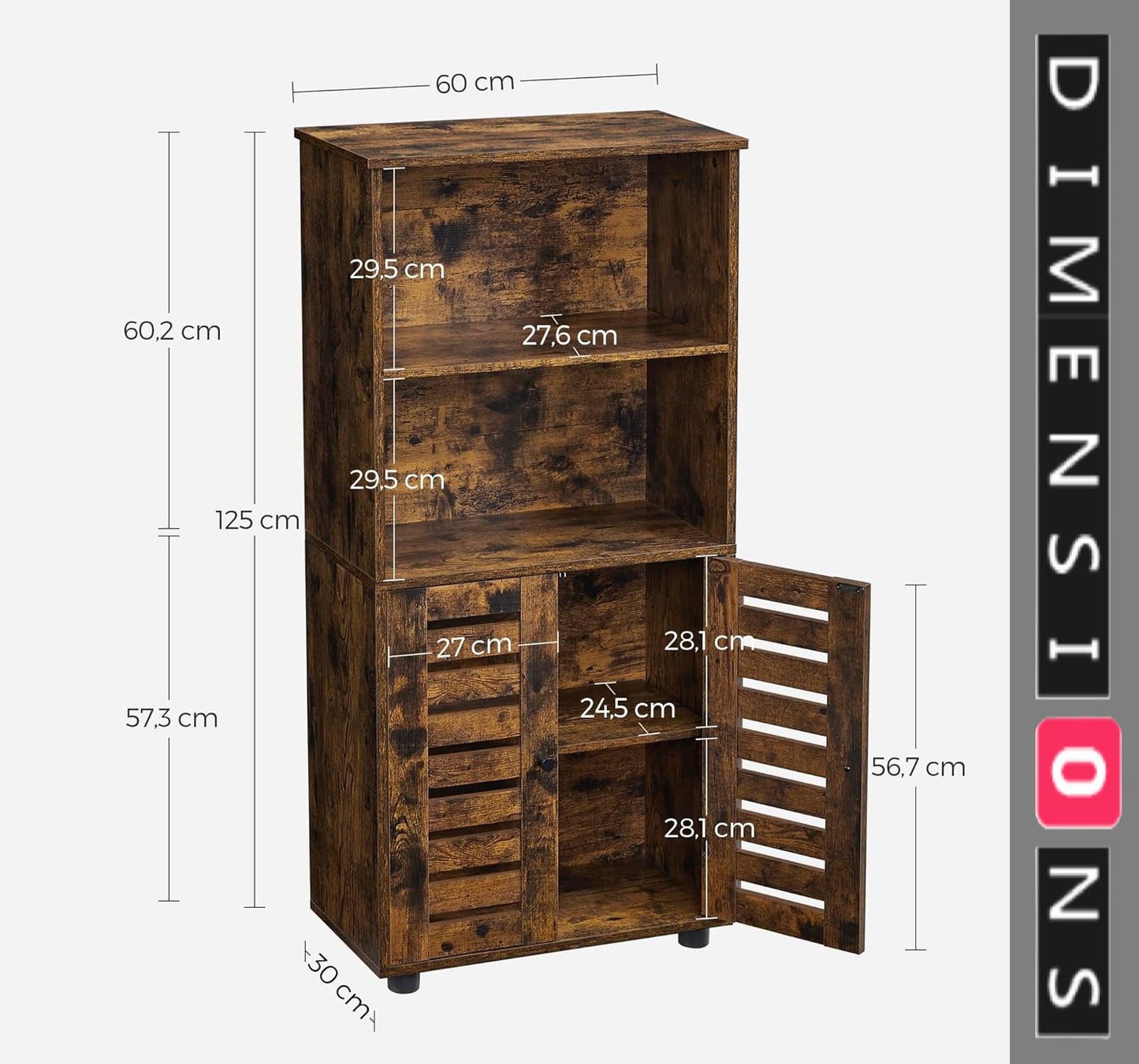 Rustic Brown Floor Standing Cabinet with Louvered Doors & Adjustable Shelf
