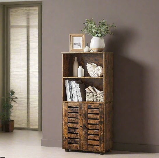 Rustic Brown Floor Standing Cabinet with Louvered Doors & Adjustable Shelf