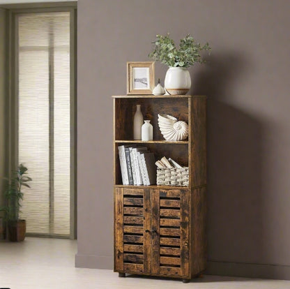 Rustic Brown Floor Standing Cabinet with Louvered Doors & Adjustable Shelf
