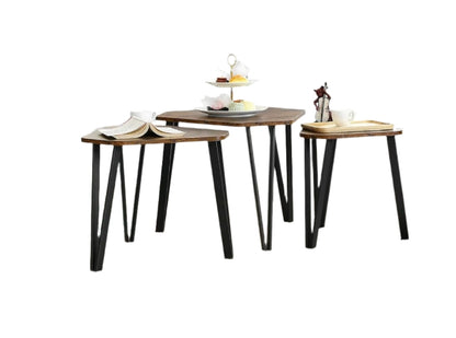 Set of 3 Rustic Brown Nesting Coffee Tables with Steel Frames - Industrial Style