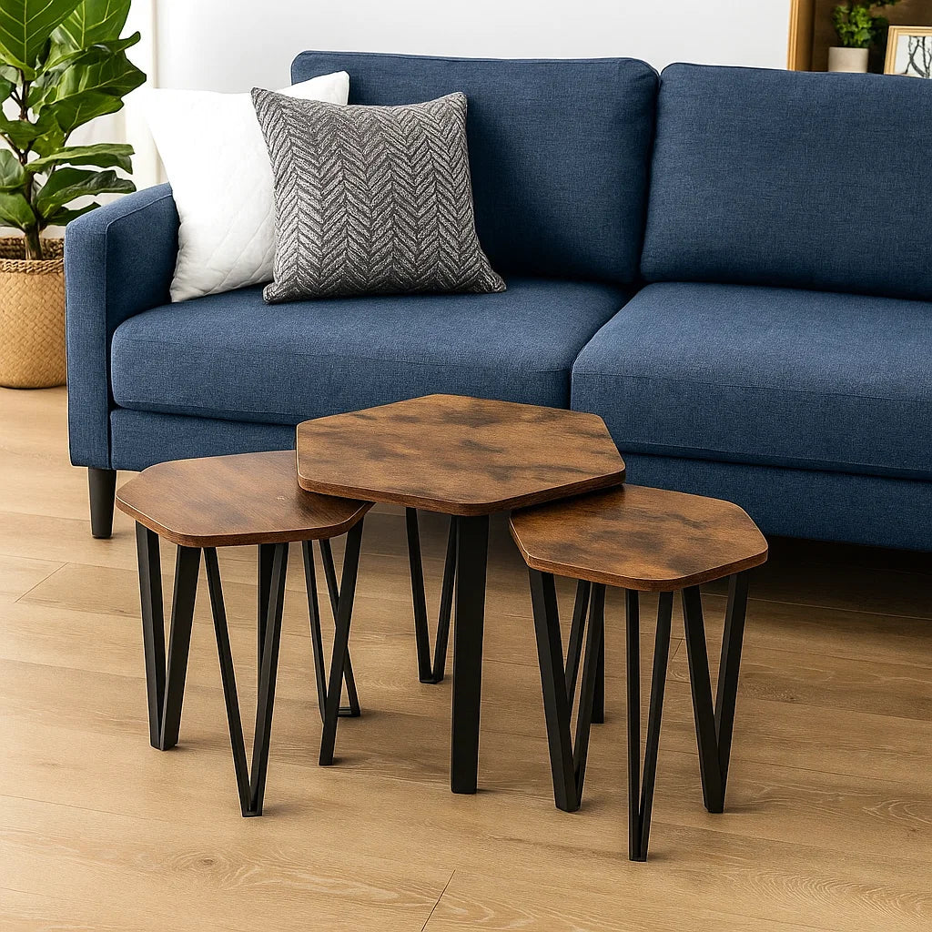 Set of 3 Rustic Brown Nesting Coffee Tables with Steel Frames - Industrial Style