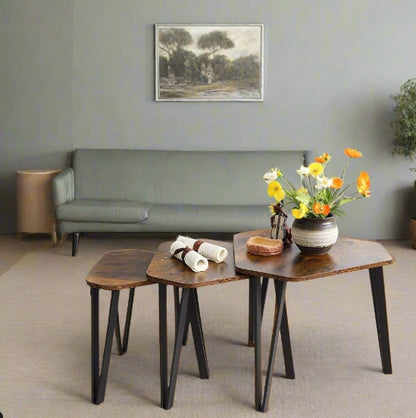 Set of 3 Rustic Brown Nesting Coffee Tables with Steel Frames - Industrial Style