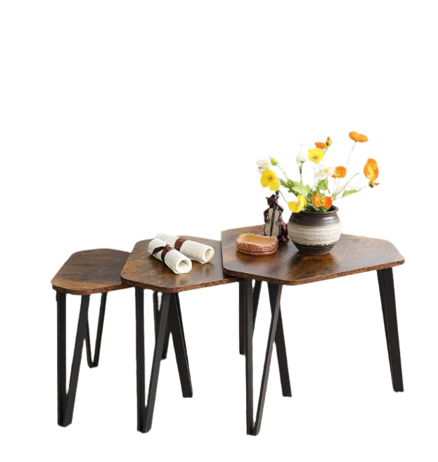 Set of 3 Rustic Brown Nesting Coffee Tables with Steel Frames - Industrial Style