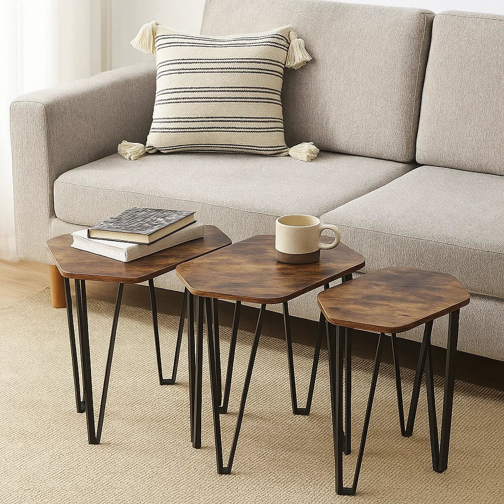 Set of 3 Rustic Brown Nesting Coffee Tables with Steel Frames - Industrial Style