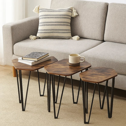 Set of 3 Rustic Brown Nesting Coffee Tables with Steel Frames - Industrial Style