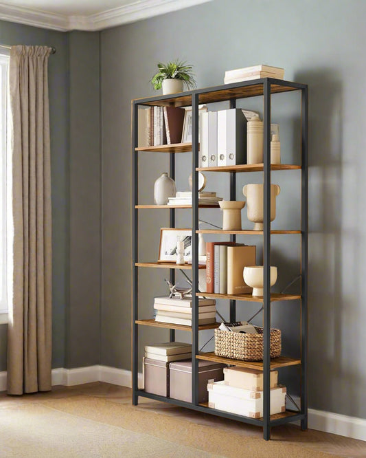 5-tier rustic brown and black industrial bookcase with 10 compartments

