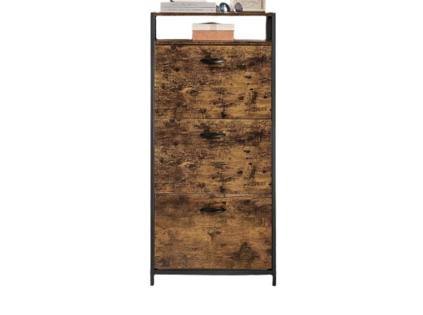 Slim Rustic Brown & Black Shoe Cabinet with 3 Fold-Out Doors - Industrial Style