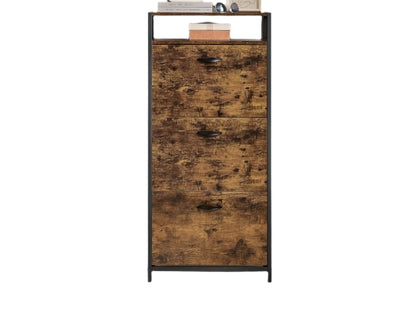 Slim Rustic Brown & Black Shoe Cabinet with 3 Fold-Out Doors - Industrial Style