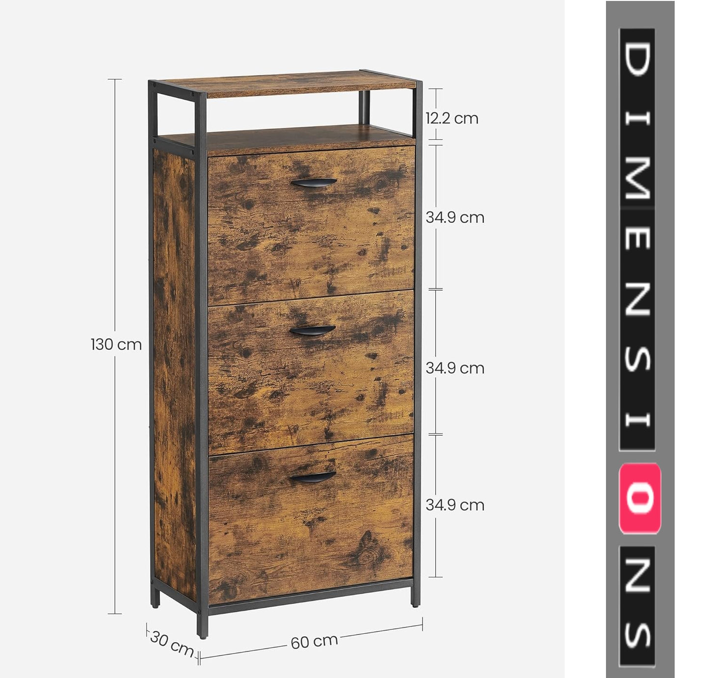 Slim Rustic Brown & Black Shoe Cabinet with 3 Fold-Out Doors - Industrial Style
