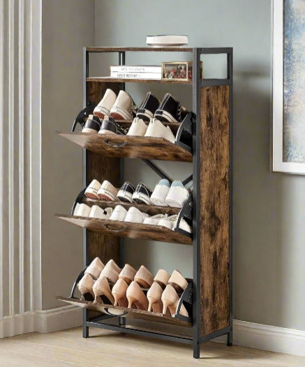 Slim rustic brown and black industrial shoe cabinet with 3 fold-out doors

