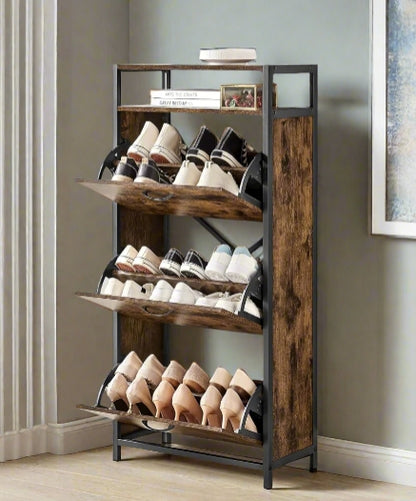Slim rustic brown and black industrial shoe cabinet with 3 fold-out doors

