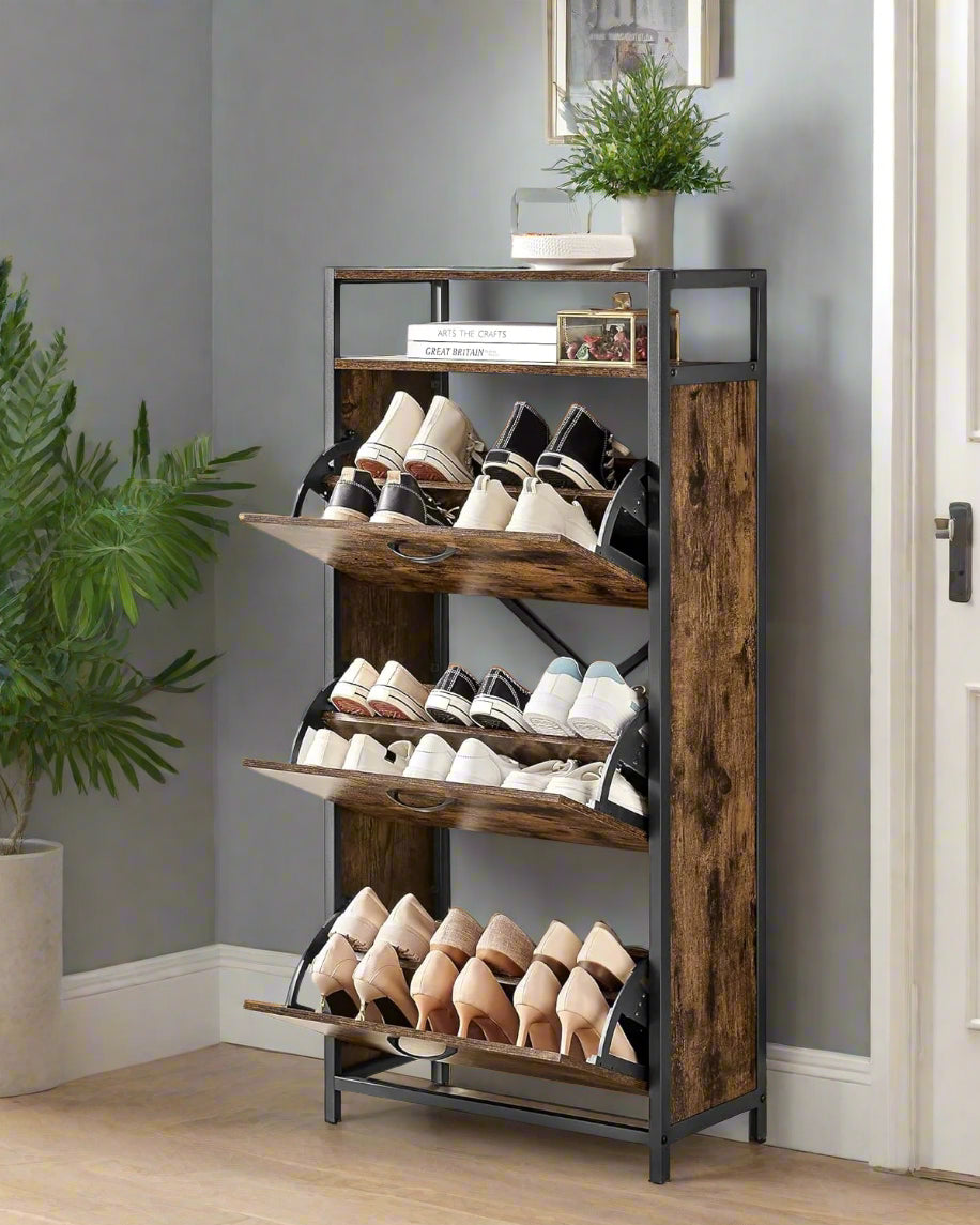 Slim Rustic Brown & Black Shoe Cabinet with 3 Fold-Out Doors - Industrial Style
