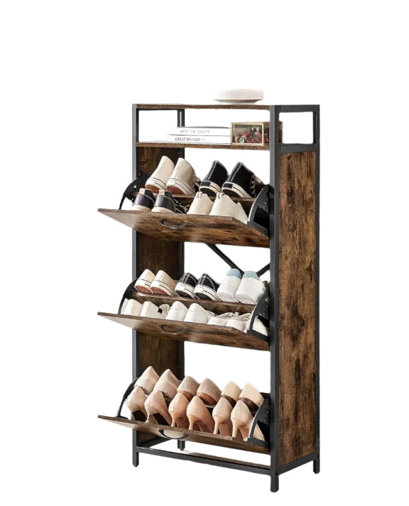 Slim Rustic Brown & Black Shoe Cabinet with 3 Fold-Out Doors - Industrial Style