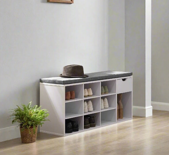 Shoe Storage Bench with Cushion, Drawer & Open Compartments for Hallway and Bedroom