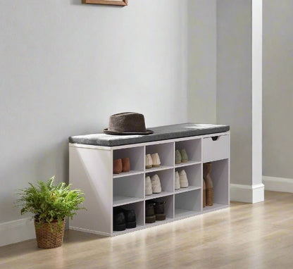 Shoe Storage Bench with Cushion, Drawer & Open Compartments for Hallway and Bedroom