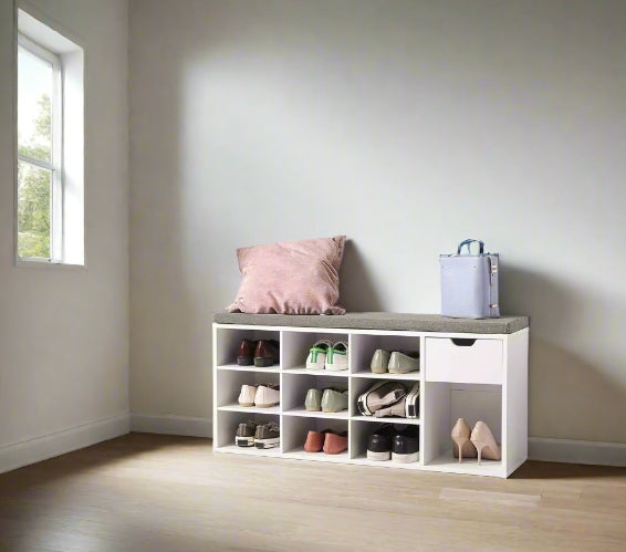 Shoe Storage Bench with Cushion, Drawer & Open Compartments for Hallway and Bedroom
