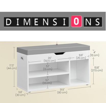 White Shoe Storage Bench with Cushion, Hidden Compartment & 3 Shelves, 150kg Capacity