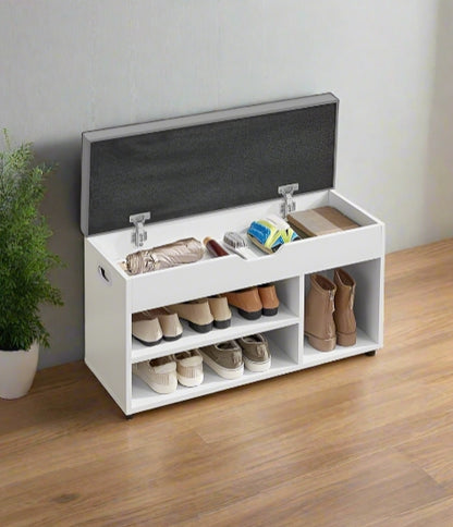 White shoe bench with cushion, hidden storage, and 3 compartments for hallway or bedroom


