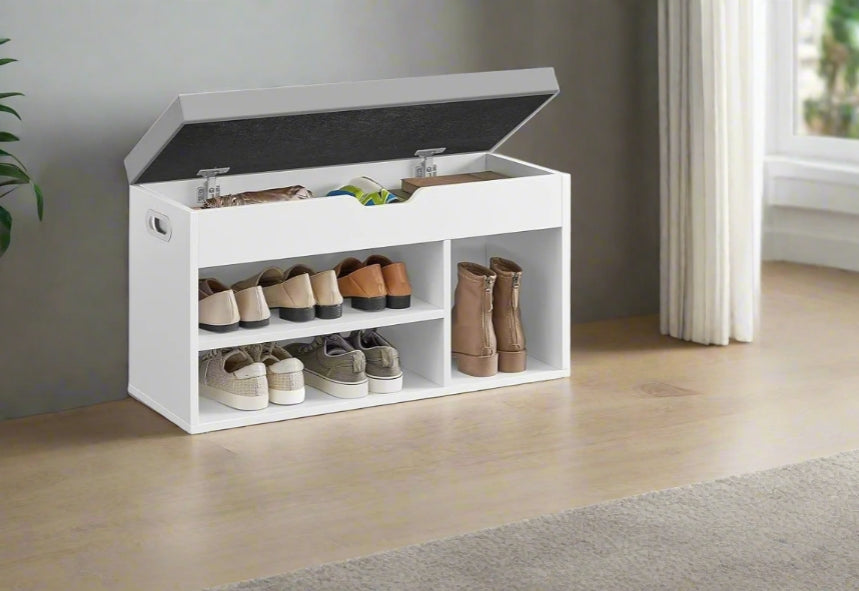White Shoe Storage Bench with Cushion, Hidden Compartment & 3 Shelves, 150kg Capacity
