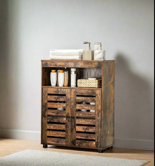 4-Tier Rustic Bathroom Cabinet with Louver Doors – Adjustable Shelf, 60 x 30 x 80 cm