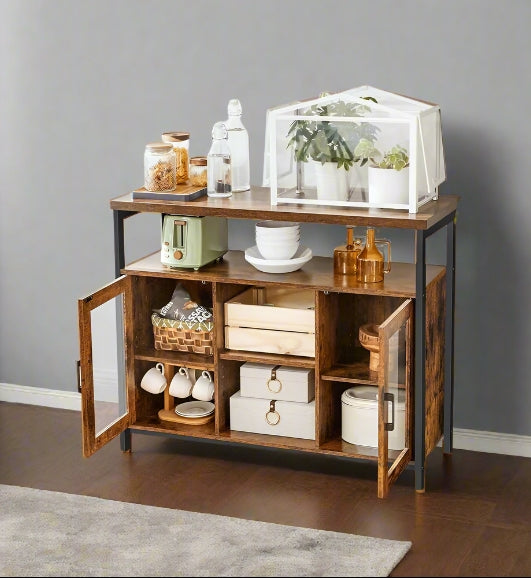 Rustic brown and black sideboard with glass doors and adjustable shelves in modern dining room

