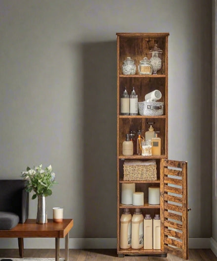 Rustic Brown Floor Cabinet with Door & Open Shelves, Adjustable Storage, 167cm Tall
